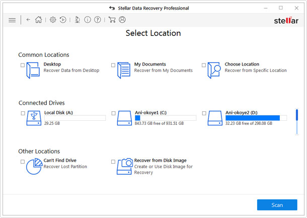 stellar data recovery professional storage device selection screen