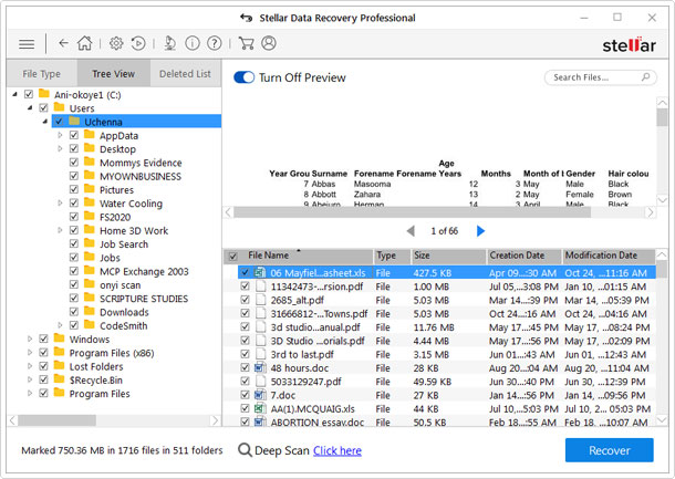 select and preview files to recover