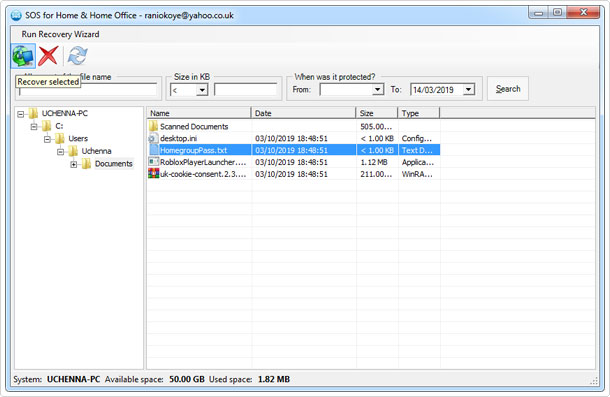 SOS Online Backup file recovery screen