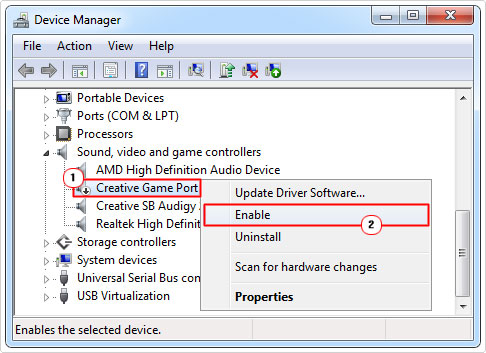 device manager -> device -> enable