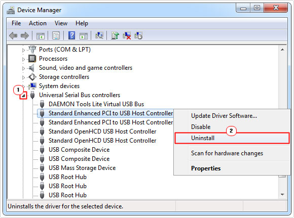 device manager -> Standard Enhanced PCI to USB Host Controller -> delete