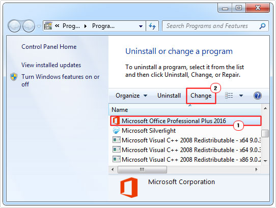 choose ms office then select change in add/remove
