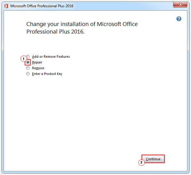 select repair in Microsoft office menu