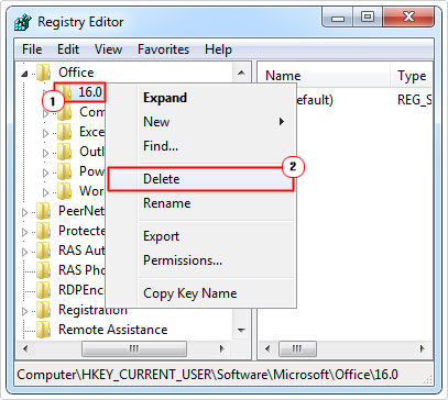remove registry key for office