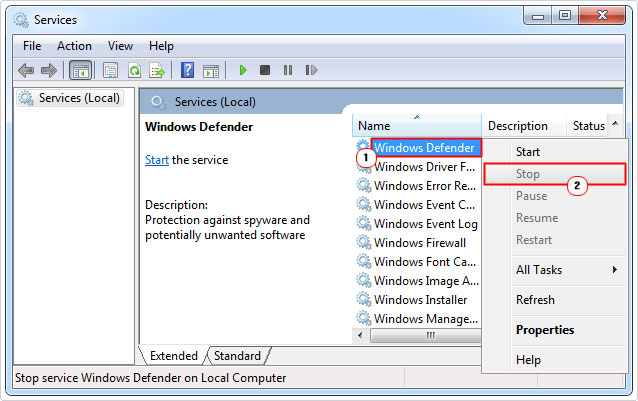 stop windows defender using services