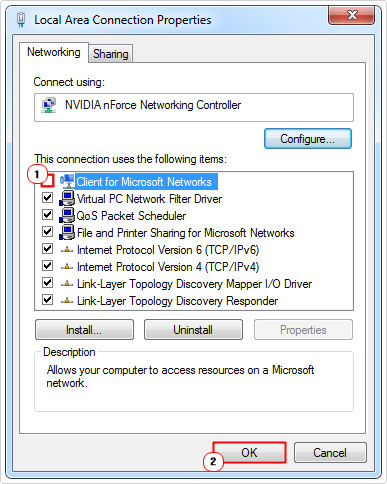 disable Client for Microsoft Networks in LAN properties