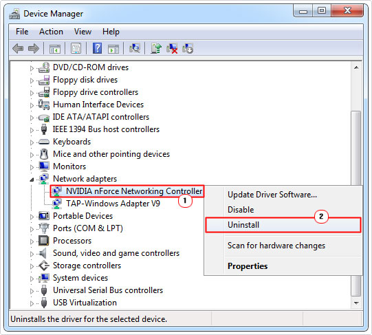 uninstall network adapter in device manager