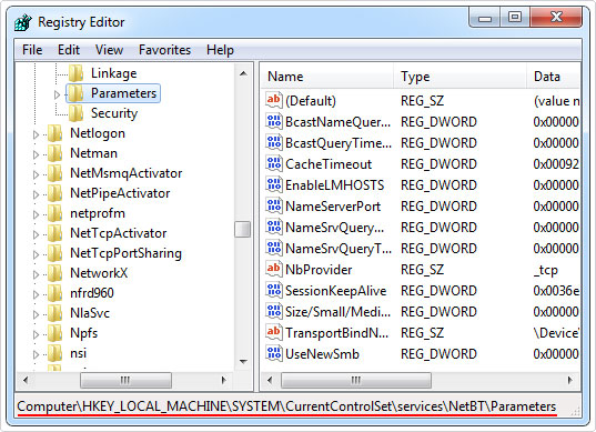 navigate to Parameters directory in registry editor