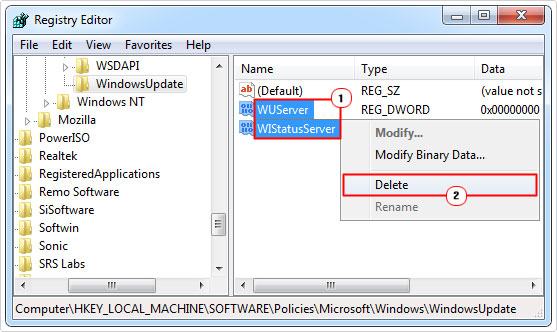delete both WUServer and WIStatusServer in registry path