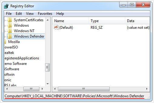 go to HKEY_LOCAL_MACHINE\Software\Microsoft\Windows Defender registry path