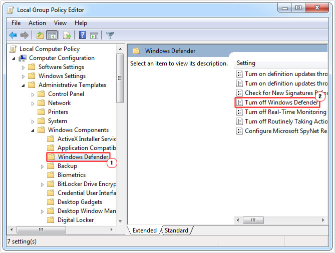 select turn off windows defender in group policy