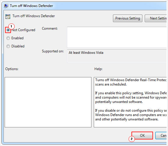 set turn off windows defender to not configured