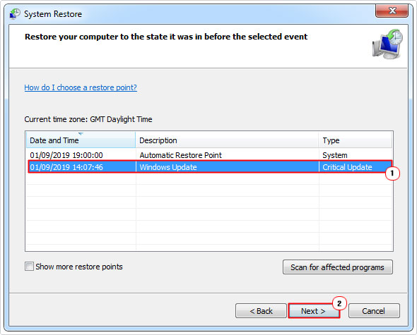 select a restore point then click on next