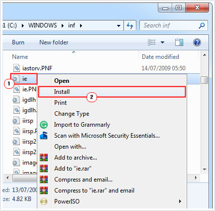 select install ie.inf file in inf folder