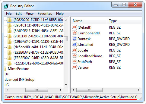 navigate to HKEY_LOCAL_MACHINE\SOFTWARE\Microsoft\Active Setup\Installed Components\{89820200-ECBD-11cf-8B85-00AA005B4383} in regedit