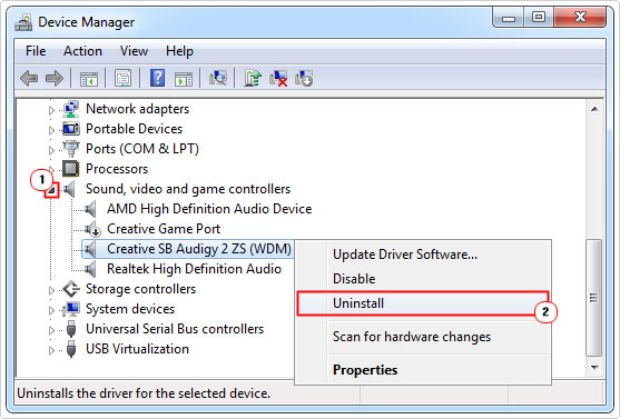 uninstall sound card drives in device manager