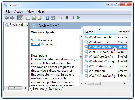 open windows update properties in services.msc