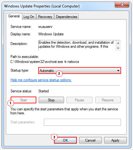 start windows update services and set to automatic