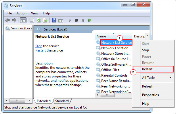 restart Network List Services in services