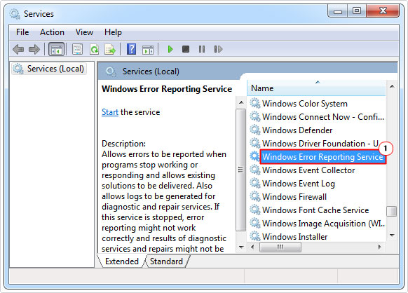 open Windows Error Reporting Services through services
