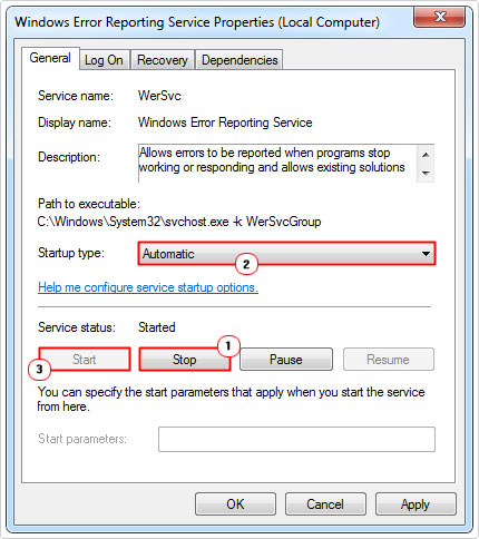 set Windows Error Reporting Services to automatic and start