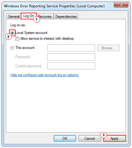 choose Local System account in log on tab