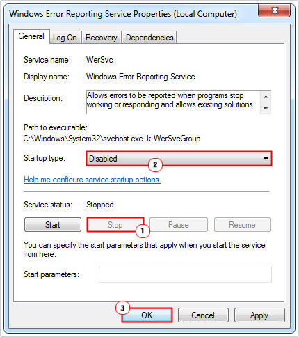 stop and disable Windows Error Reporting Service