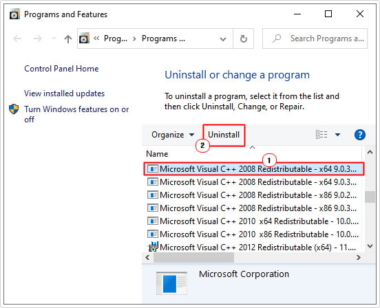 uninstall Microsoft Visual C++ in add/remove programs
