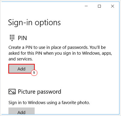 click on add for PIN in Sign-in options