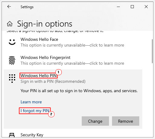 access I forgot my PIN from sign-in options