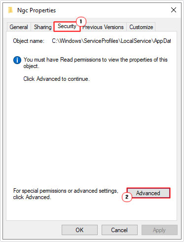access advanced security settings for folder