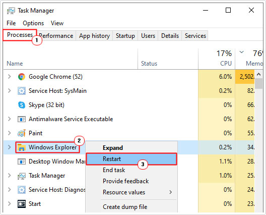 restart Windows Explorer in Windows task manager