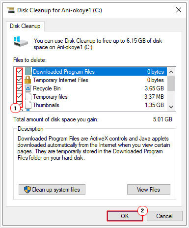 select sources and click on OK in disk cleanup