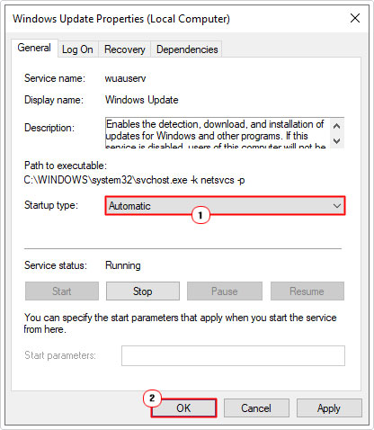 set startup type to automatic in windows update