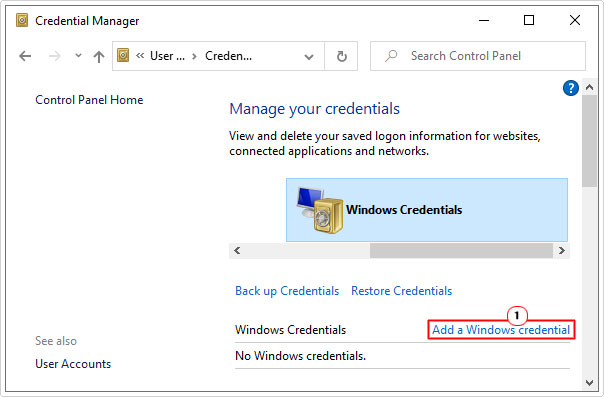 select Add a Windows credential in manage credentials screen