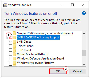 enable SMB V1.0 in windows features
