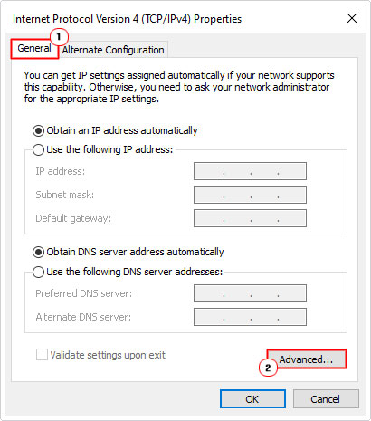 click on advanced button in Internet Protocol Version 4 properties applet