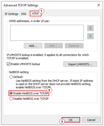 enable NetBIOS in Wins tab