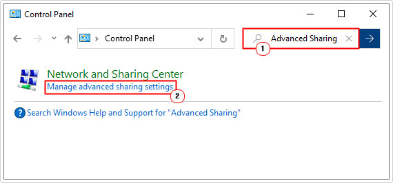 click on Manage advanced sharing settings in control panel