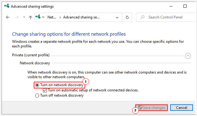 enable network discovery then save changes
