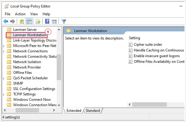 navigate to Lanman Workstation path in group policy editor
