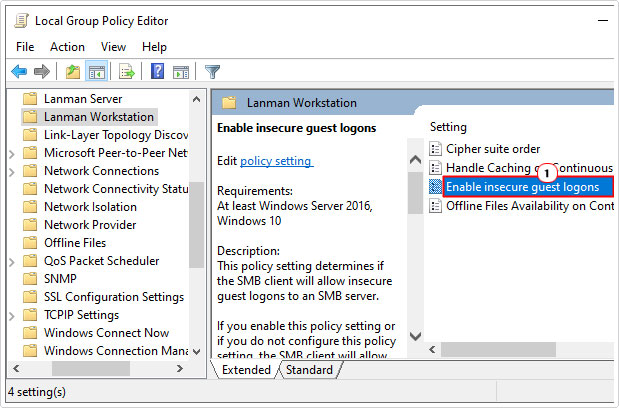 double click on Enable insecure guest logons in group policy editor