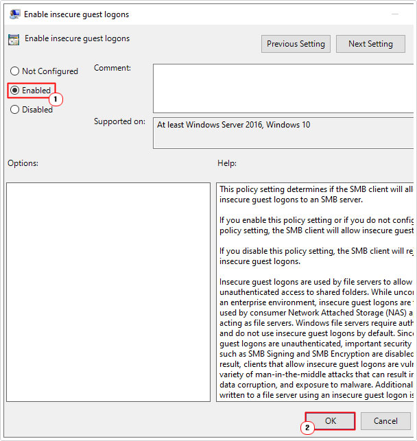 enable Enable insecure guest logons in properties applet