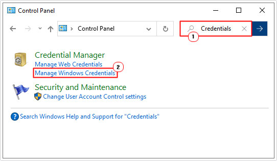 select Manage Windows Credentials in control panel