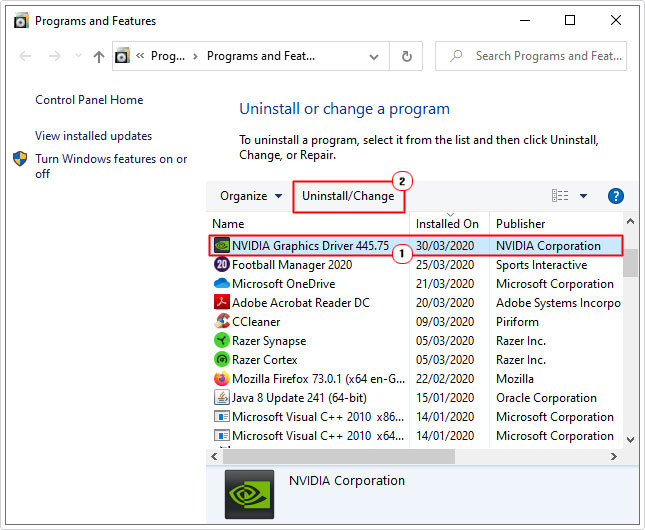 uninstall Nvidia drivers using add or remove programs