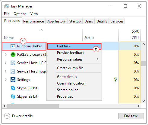 close Runtime Broker task in task manager