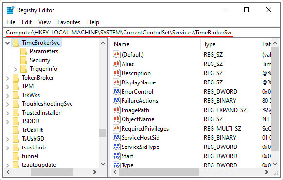 open registry path HKEY_LOCAL_MACHINE\SYSTEM\CurrentControlSet\Services\TimeBrokerSvc