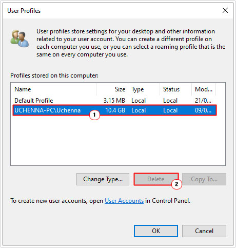 delete profile in user profile settings