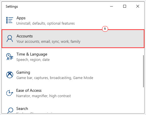 open accounts in windows settings