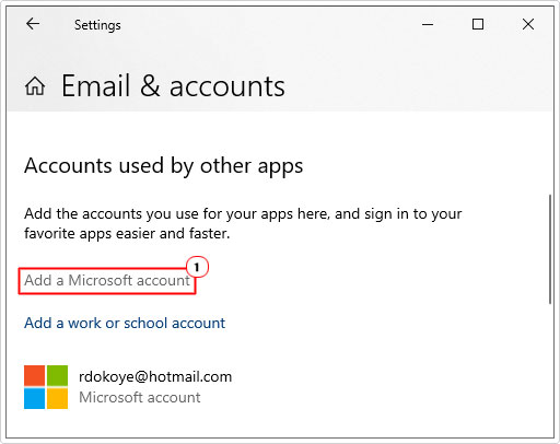 click on Add a Microsoft Account in email and accounts